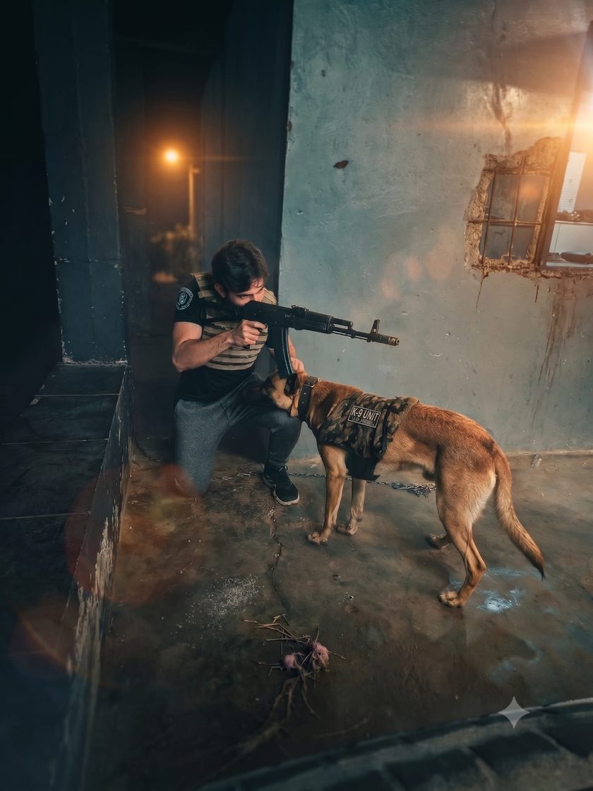 Operador da StrikeZone em posição de tiro ao lado do cão da unidade K-9