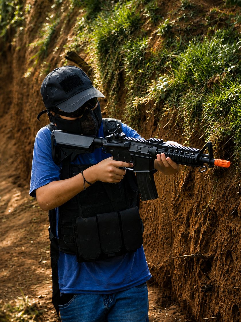 Recruta da StrikeZone posicionado na trincheira com rifle AEG